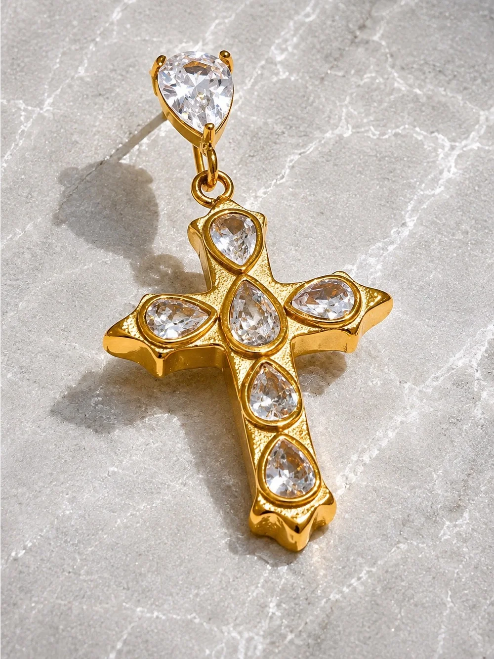 18 K plated Gold Cross Drop Earrings with Clear Stones